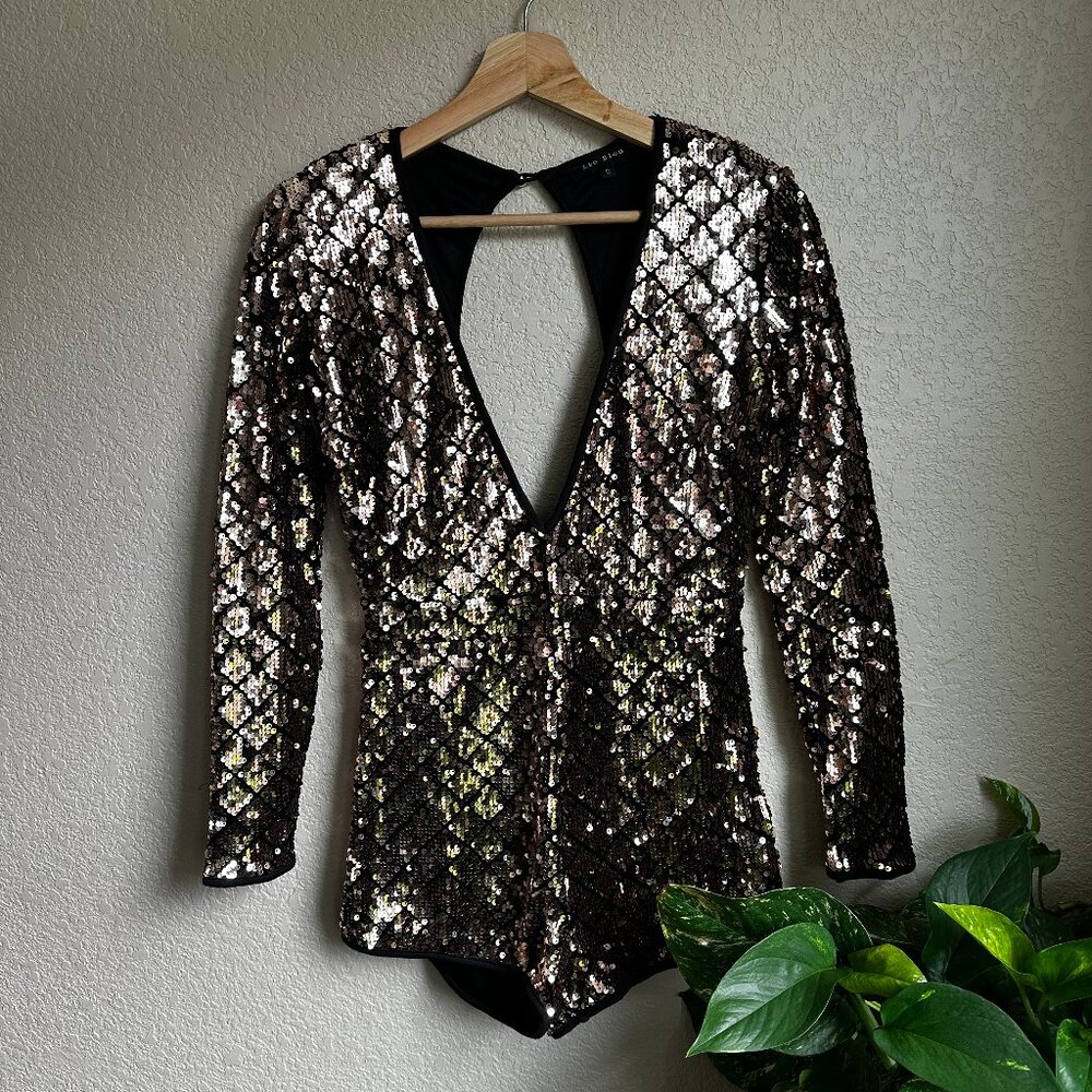 Lac Bleu Gold Sequin Plunge Cutout Back Long Sleeve Romper